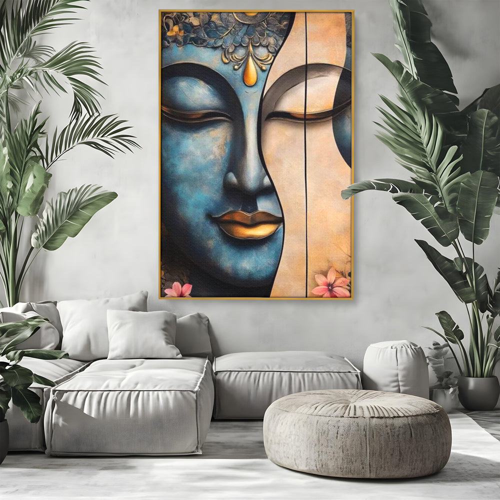 Tablou canvas cu tablou canvas cu chipul lui buddha, in rama de aluminiu auriu, pe perete intr-un living